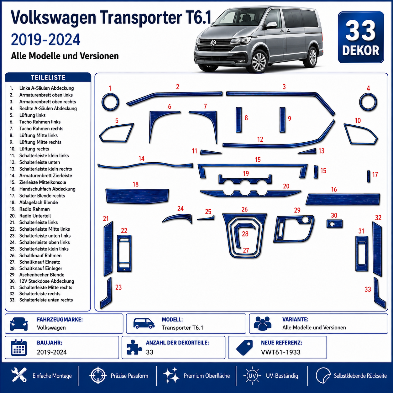 Volkswagen Transporter T6.1 VWT61-1933 33-piece fitment diagram